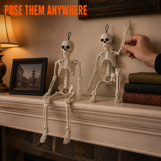 Two 16-inch posable Gloomly shelf skeletons standing on a shelf
