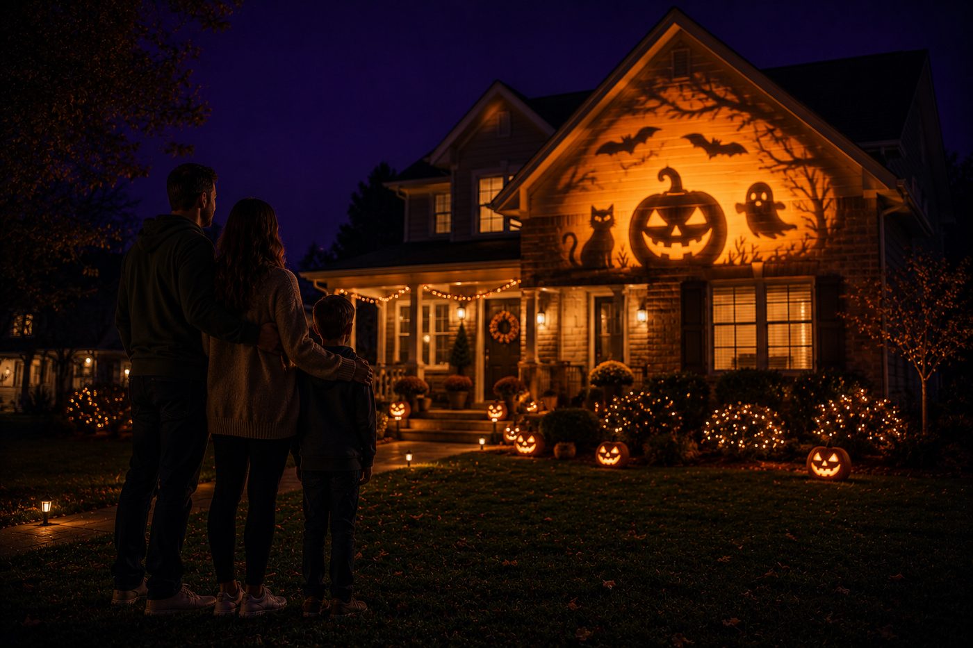 A family standing together on their lawn at night, relaxed, watching their softly glowing Halloween-lit house