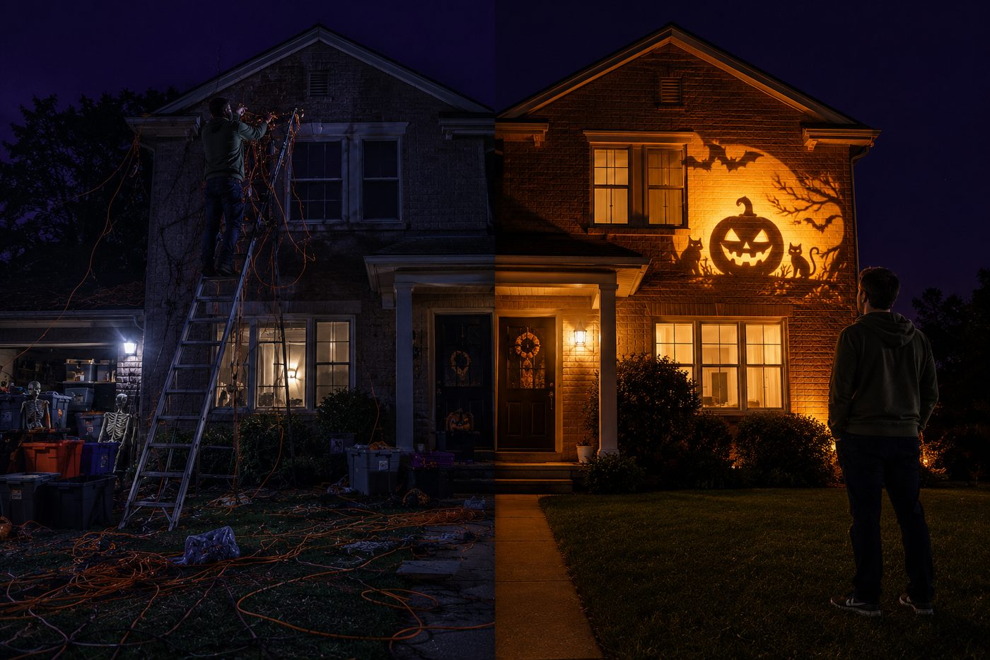 Split image: on the left, someone struggles up a ladder amid tangled cords and bins; on the right, the same house glows effortlessly while a person stands relaxed