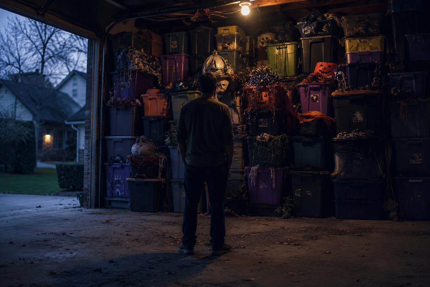 A person standing alone in a dim garage at dusk, dwarfed by a wall of storage bins overflowing with Halloween decorations