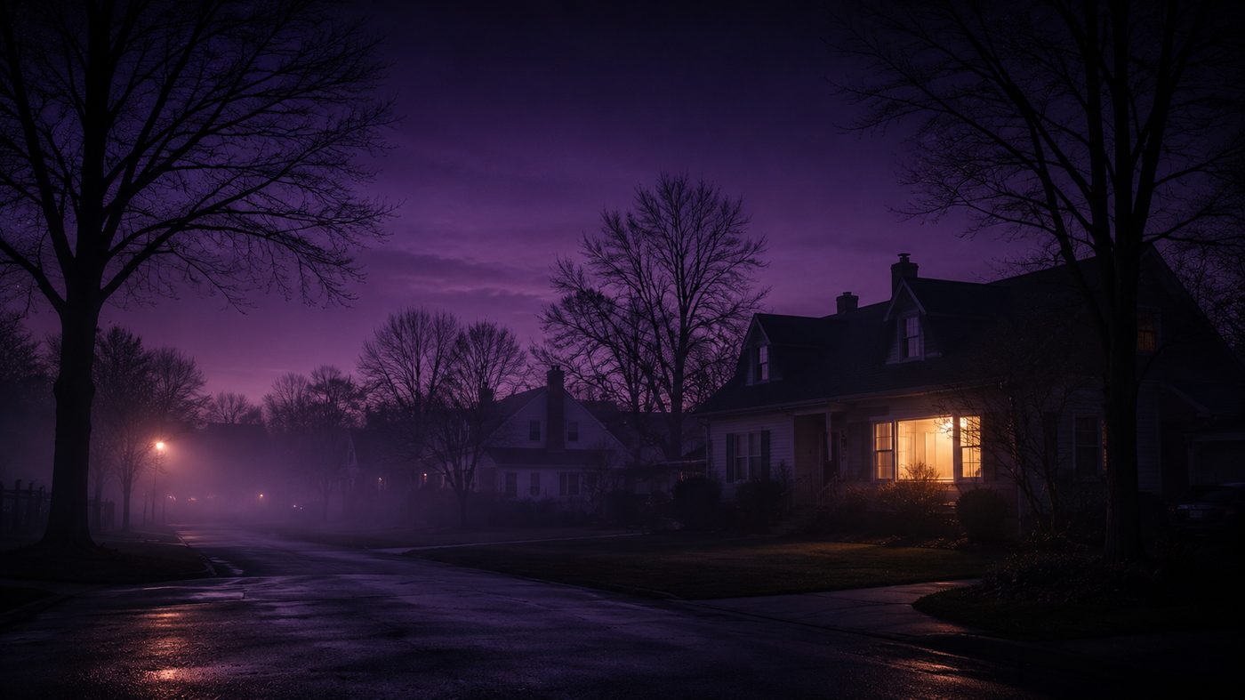 A quiet, foggy suburban street at purple twilight