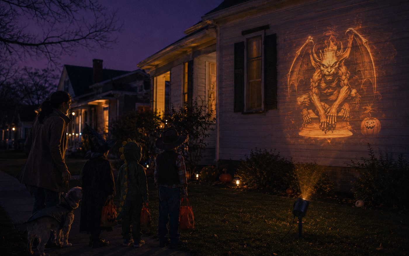 Family looking at a gargoyle scene projected on a house