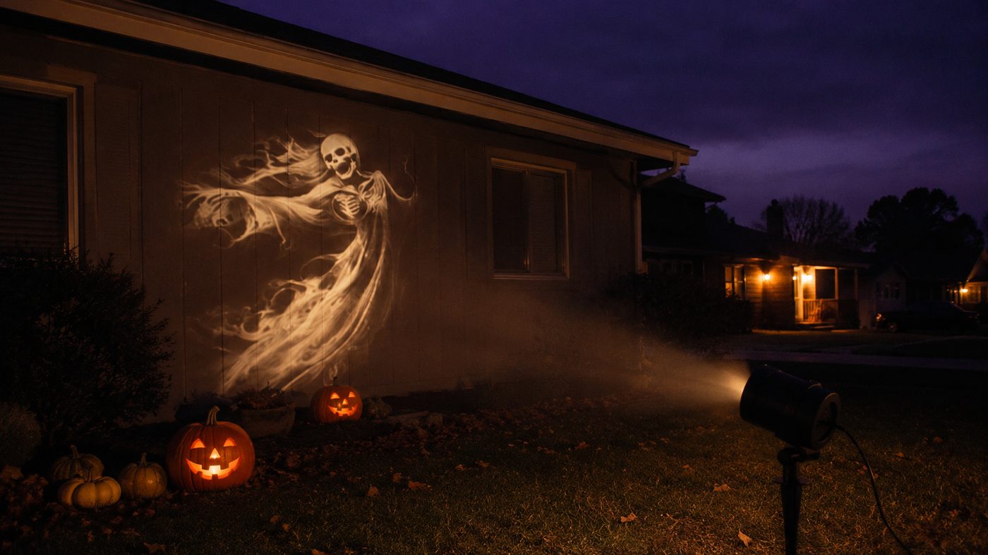 Ghostly skull scene projected on a house wall