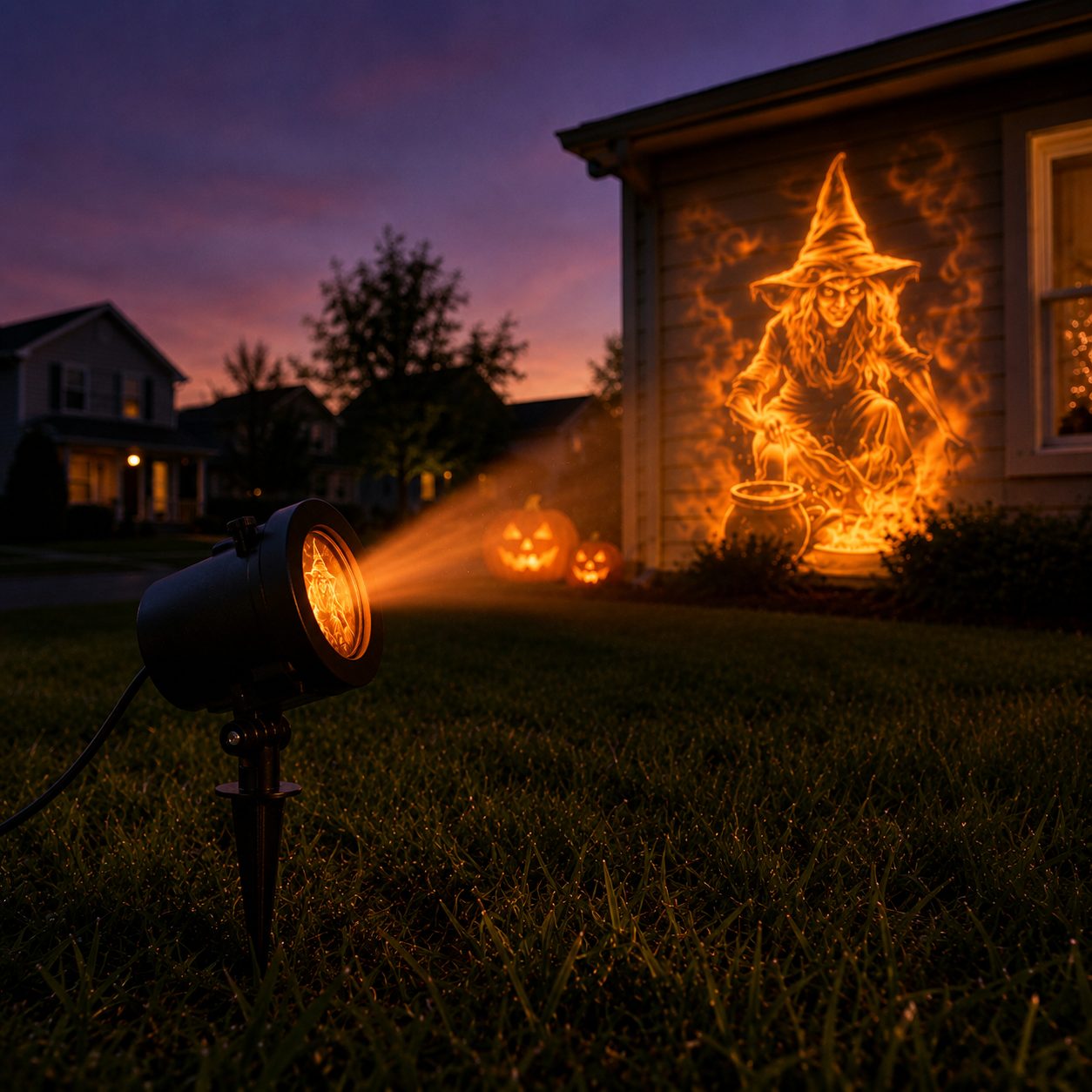 Witch and cauldron scene projected on a house at dusk