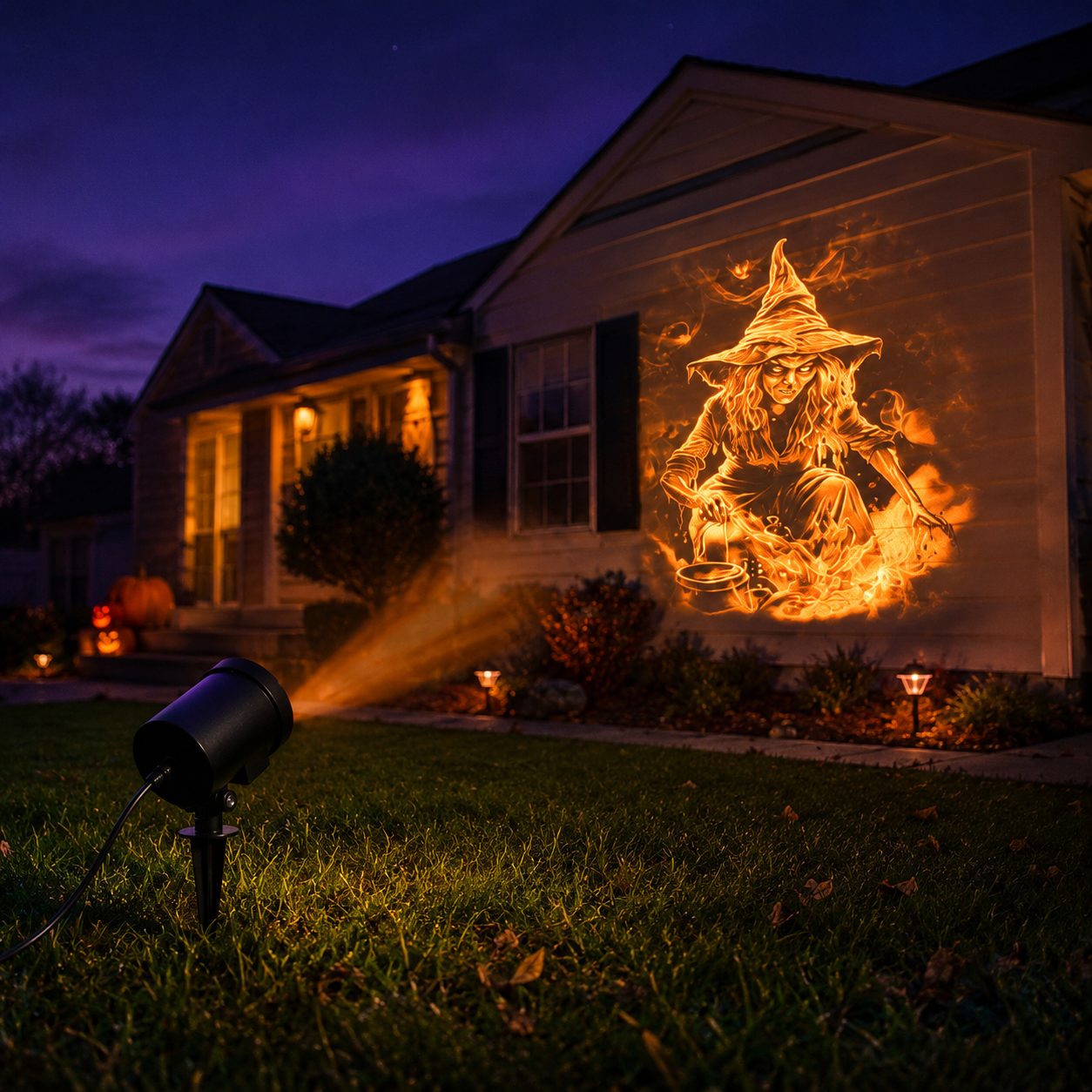 Gloomly projector lighting a house wall with a glowing witch scene at night