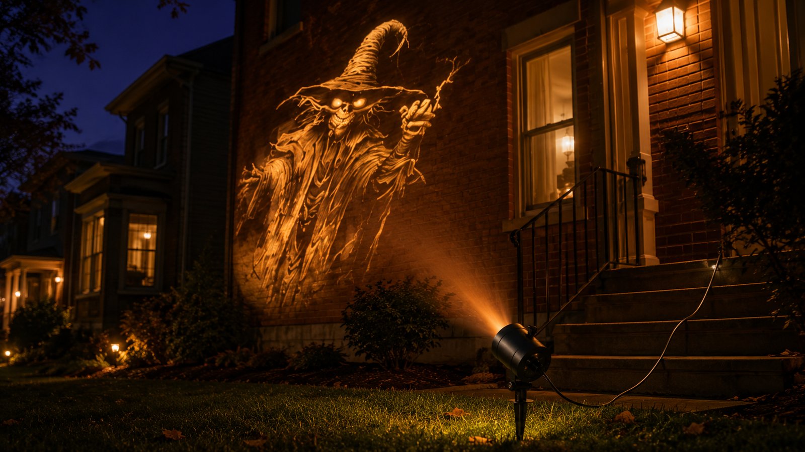 A small outdoor projector staked in the front yard, casting a glowing Halloween scene across the whole side of the house