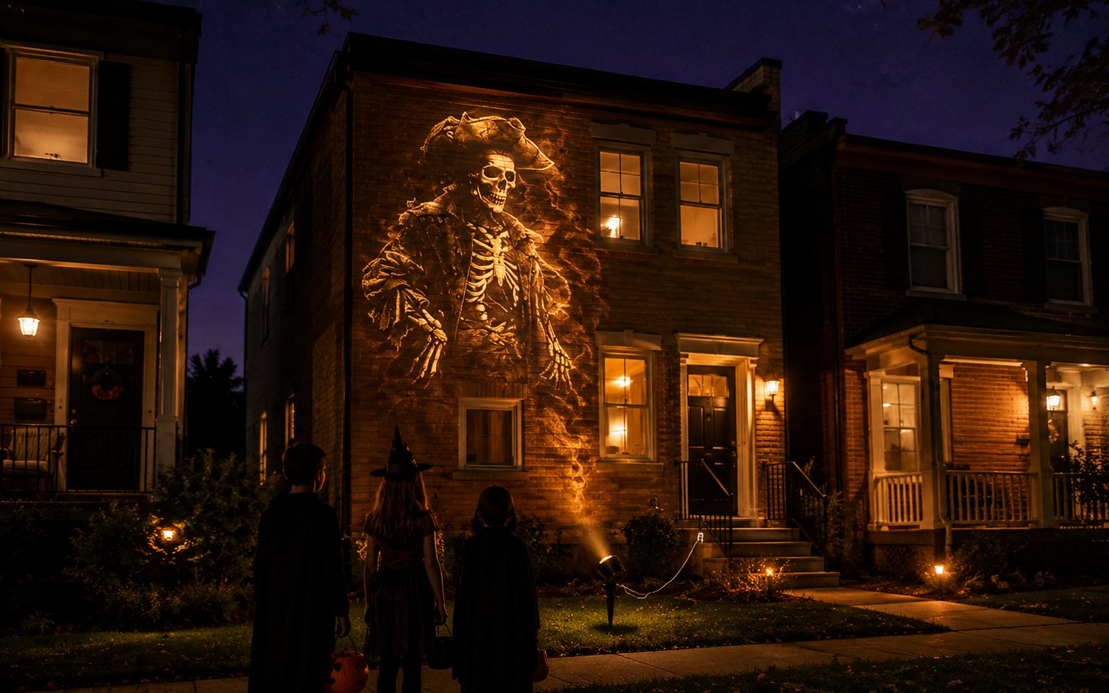 A rented brick townhouse glowing after dark with a Halloween skeleton projection while trick-or-treaters watch from the sidewalk