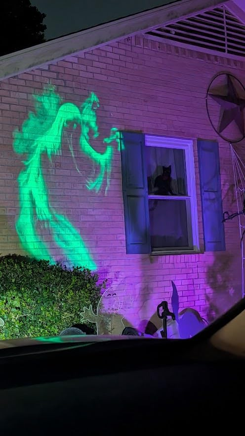 Green ghost projected on a customer's brick wall
